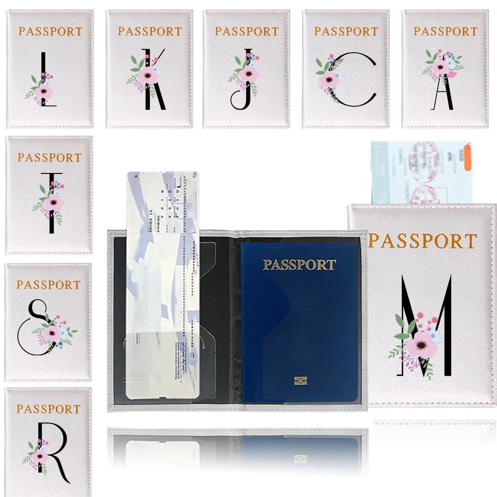 Custom Name PU Floral Letter Print Passport Holder Travel Wallet Airplane Ticket ID Credit Card Portable Cover