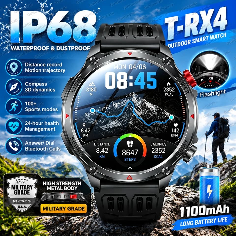 New T-RX 4 Ultra Men Smart Watch 1100mAh Big Battery GPS Route IP68 Waterproof Compass AMOLED Military Sports Outdoor Smartwatch