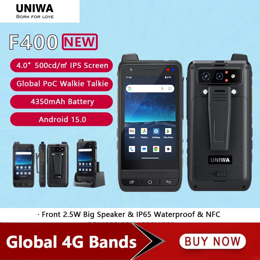 UNIWA F400 Zello POC Walkie Talkie Globale 4G Rugged PDA Android 15 4 pollici 4GB + 64GB 2.5W Grande altoparlante 4350mAh PoC SOS Pulsante NFC