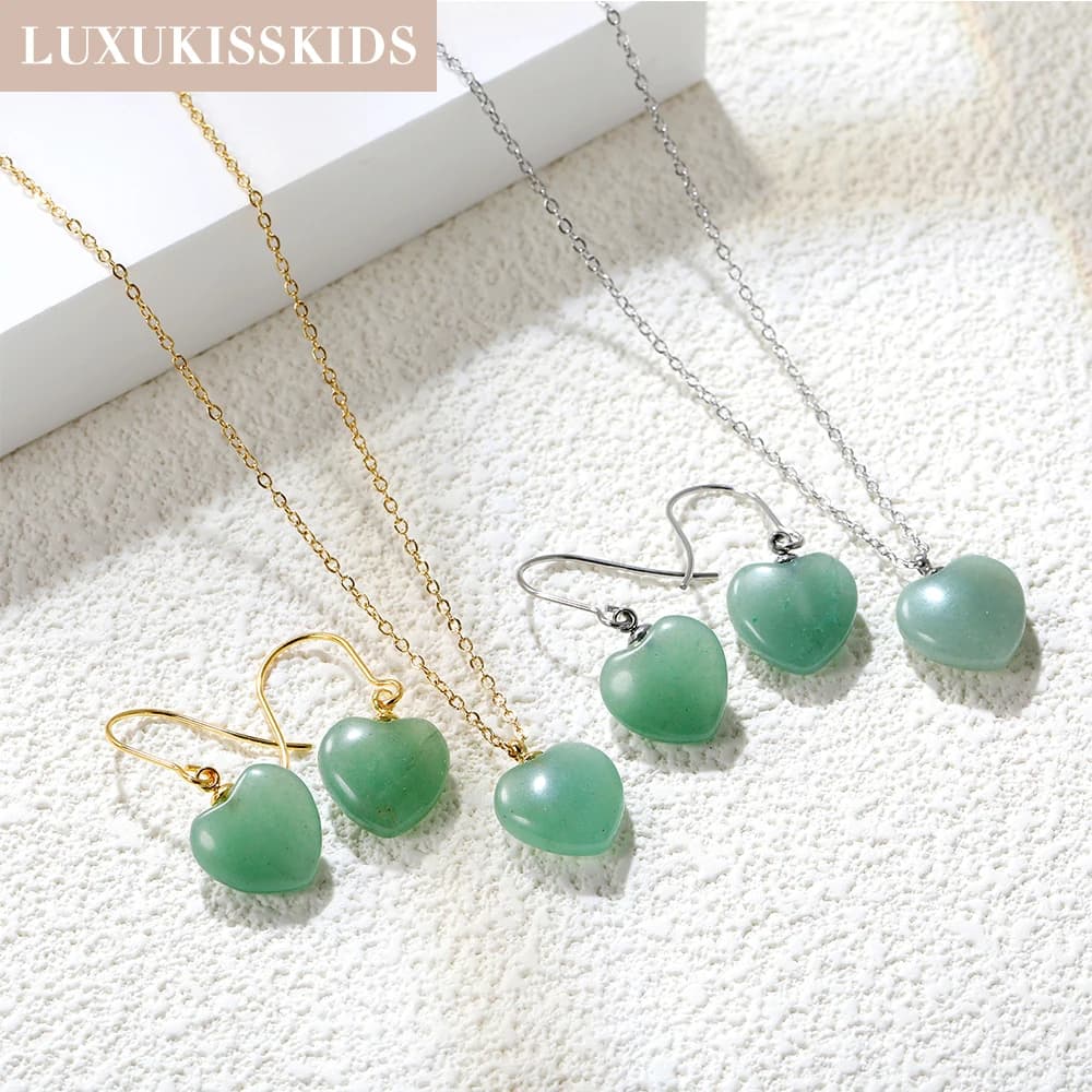 LUXUKISSKIDS Elegant Heart Shape Natural Stone Necklace Earrings Set for Women Cute Pink Stainless Steel Jewellry Set Party/Gift