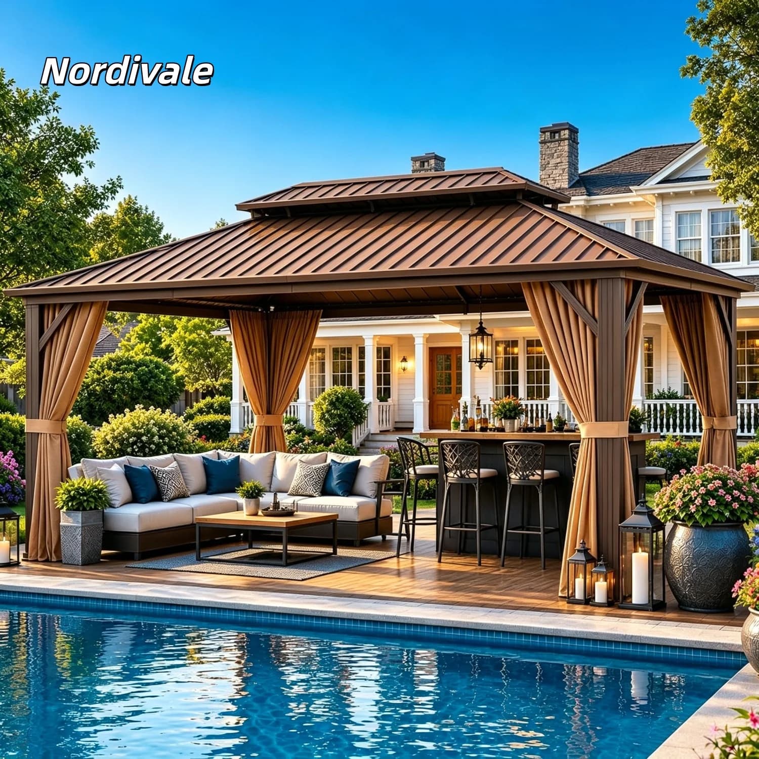 Nordivale 12x16 FT Hardtop Gazebo Metal Pavilion Double Galvanized Steel Roof with Netting Curtains for Lawn Garden Patio Brown