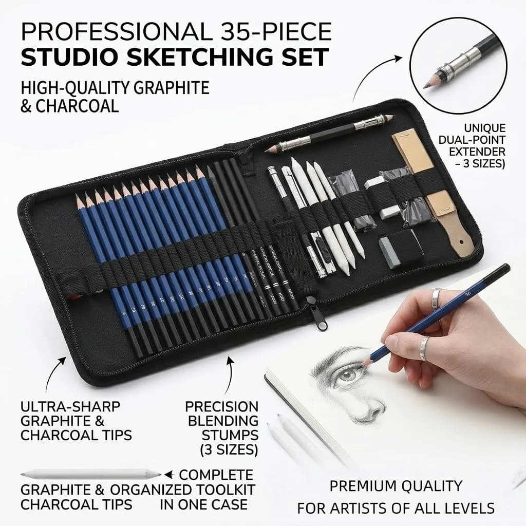 35PCS Sketching Pencil Set | Graphite & Charcoal Art Kit | With Blending Stumps & Case | Back to School Art Supplies