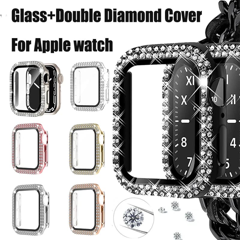 Glass + Diamond Cover for Case Apple Watch 40mm 44mm 41mm 38 45mm 42mm 46mm Bling iWatch 9876543 Case SE 10