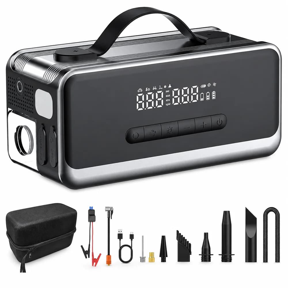 8-in-1 Tire Inflator & Jump Starter, Portable Air Compressor, Vacuum Cleaner, Blower, LED Light for Car Bike Motorcycle Balls