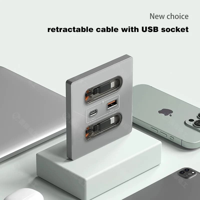Anssin Universal socket for 12 W wall panel with USB-A USB-C retractable charging cable, C type cell phone charging socket