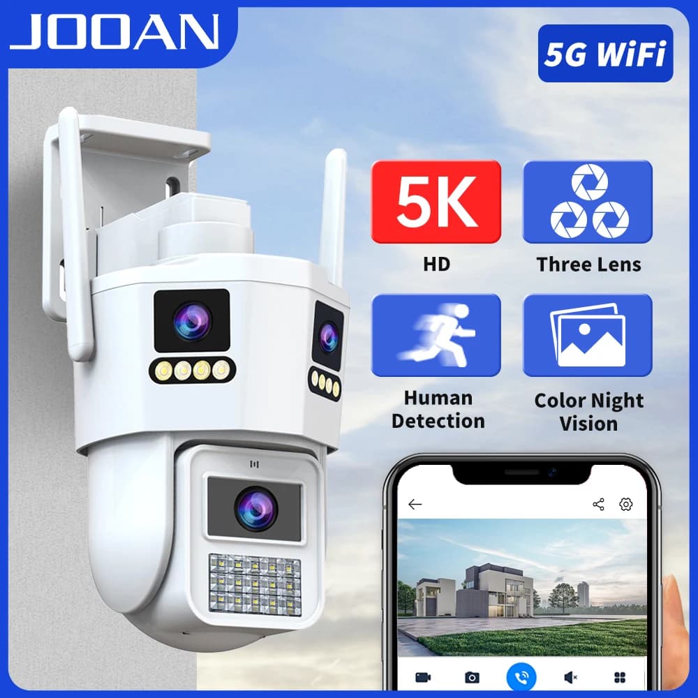 IP Camera PTZ WiFi JOOAN 5K to Three Goals for Exterior, IP Camera with Automatic Three Screen Tracking, 4K Double Screen CCTV surveillance
