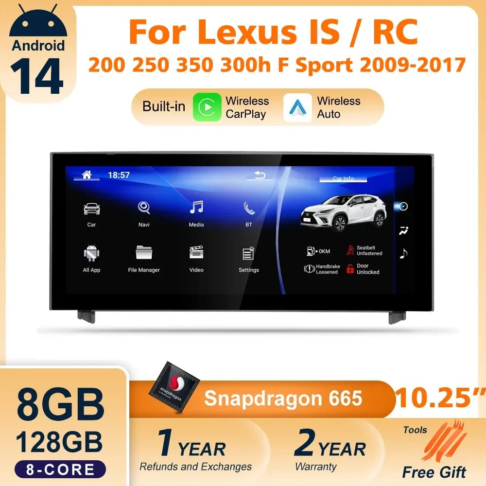 Android 14 Autoradio For Lexus IS RC 250 300 350 200t 300h 2013-2019 Wireless CarPlay 4G GPS Multimedia Video Reader