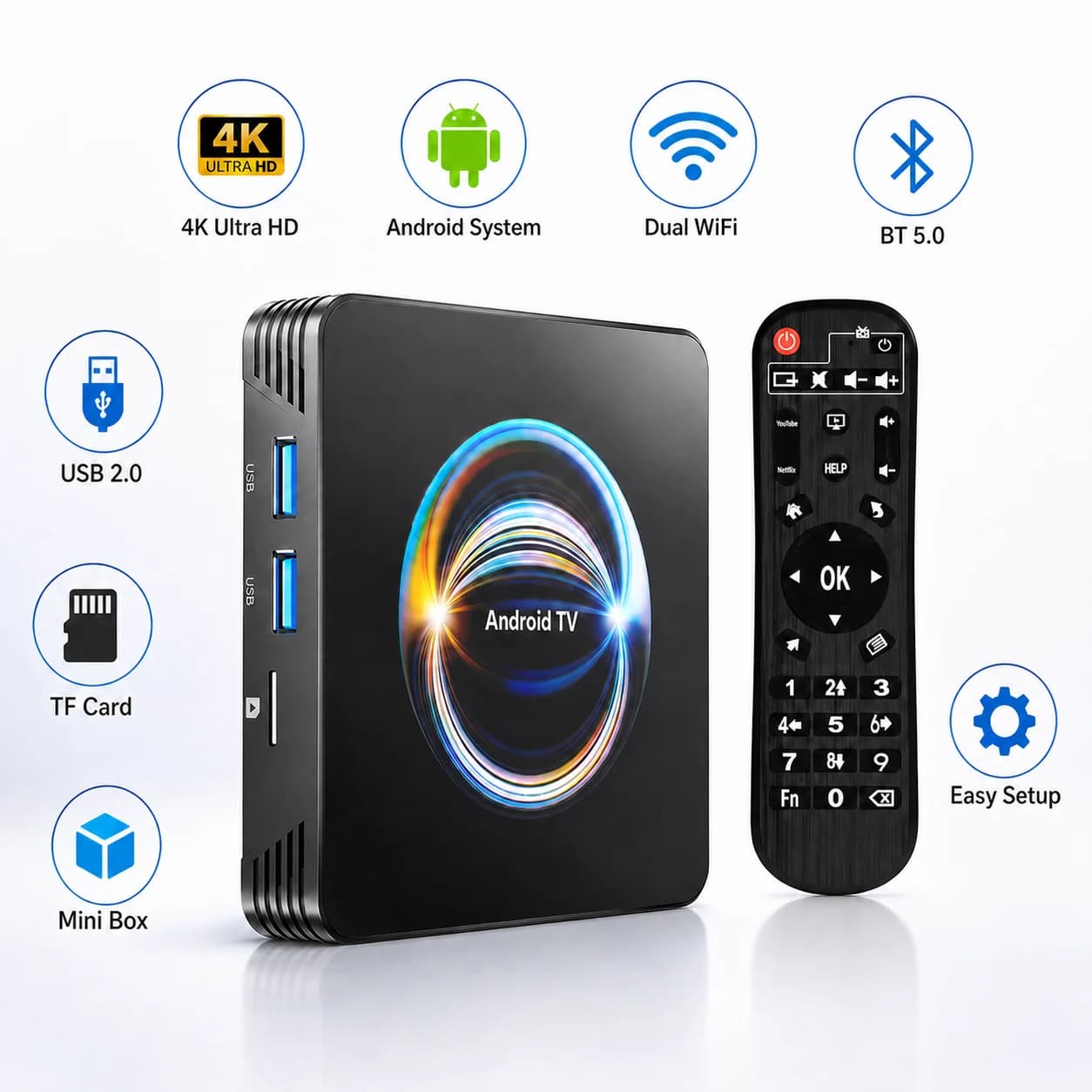 Android TV Box 4K Ultra Smart Media Player Dual WiFi Bluetooth 5.0 Set-Top Box per Streaming con Mini Ricevitore USB 2.0 Home Theater