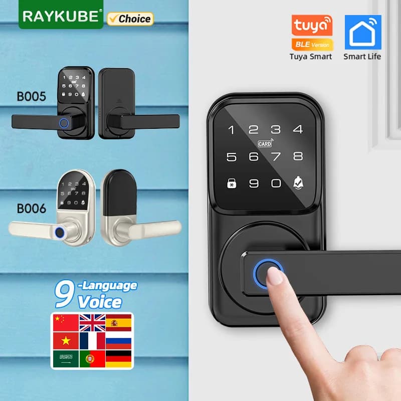 RAYKUBE B005 Tuya BLE Serratura elettronica digitale intelligente con catenaccio Impronta digitale con campanello 9 lingue di blocco Password/sblocco scheda
