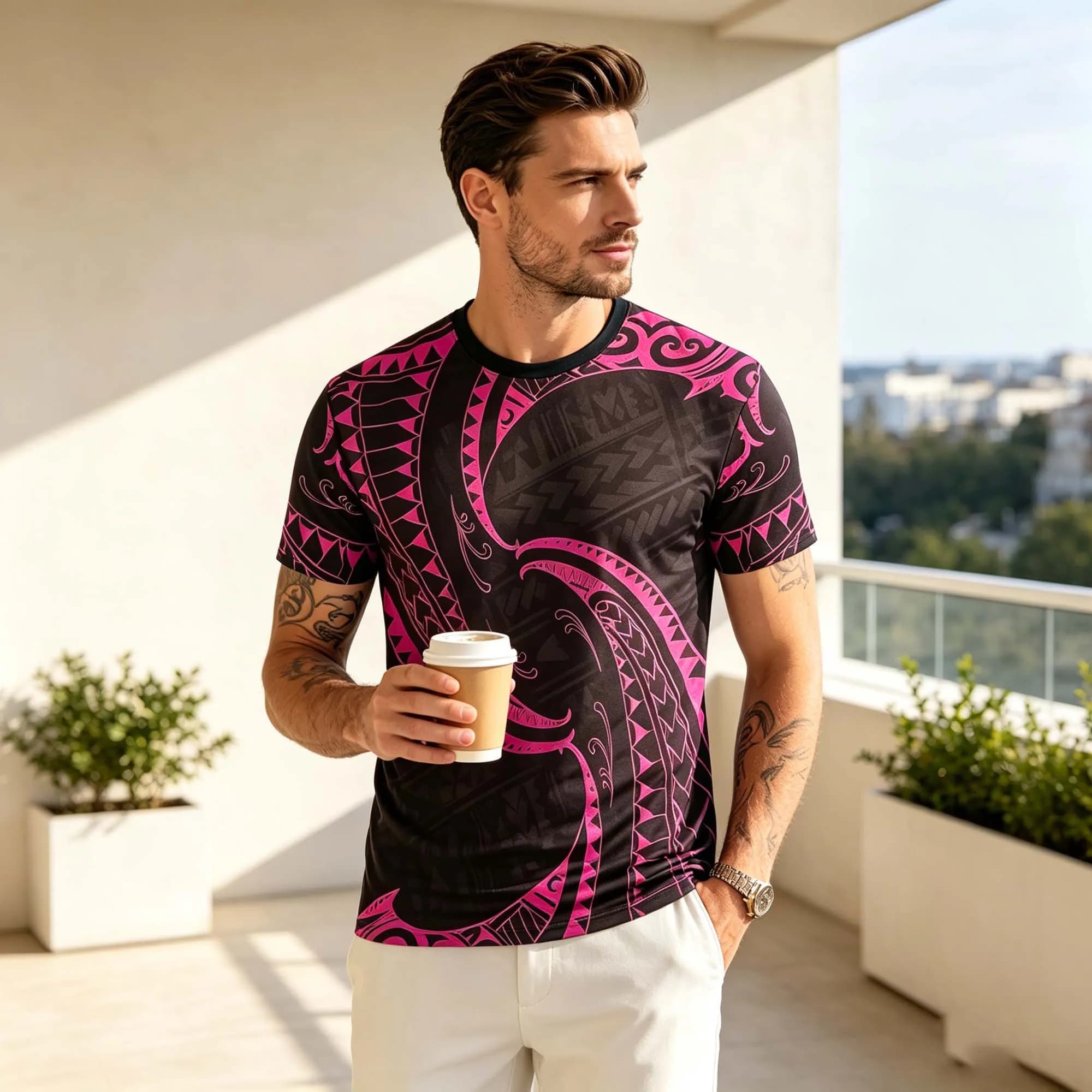 Hawaiian Streetwear Men Bold Tribal Swirl Graphic Sports T Shirt Bohemian style Breathable Running Gym Workout Tees