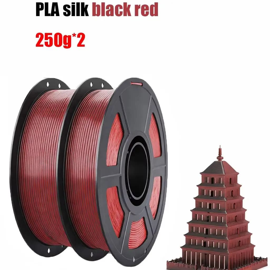 Filament for 3D printer in PLA silk effect, Filament PLA bicolor black red silk effect 1.75mm, Filament PLA polished coextruded, Color change, 500g