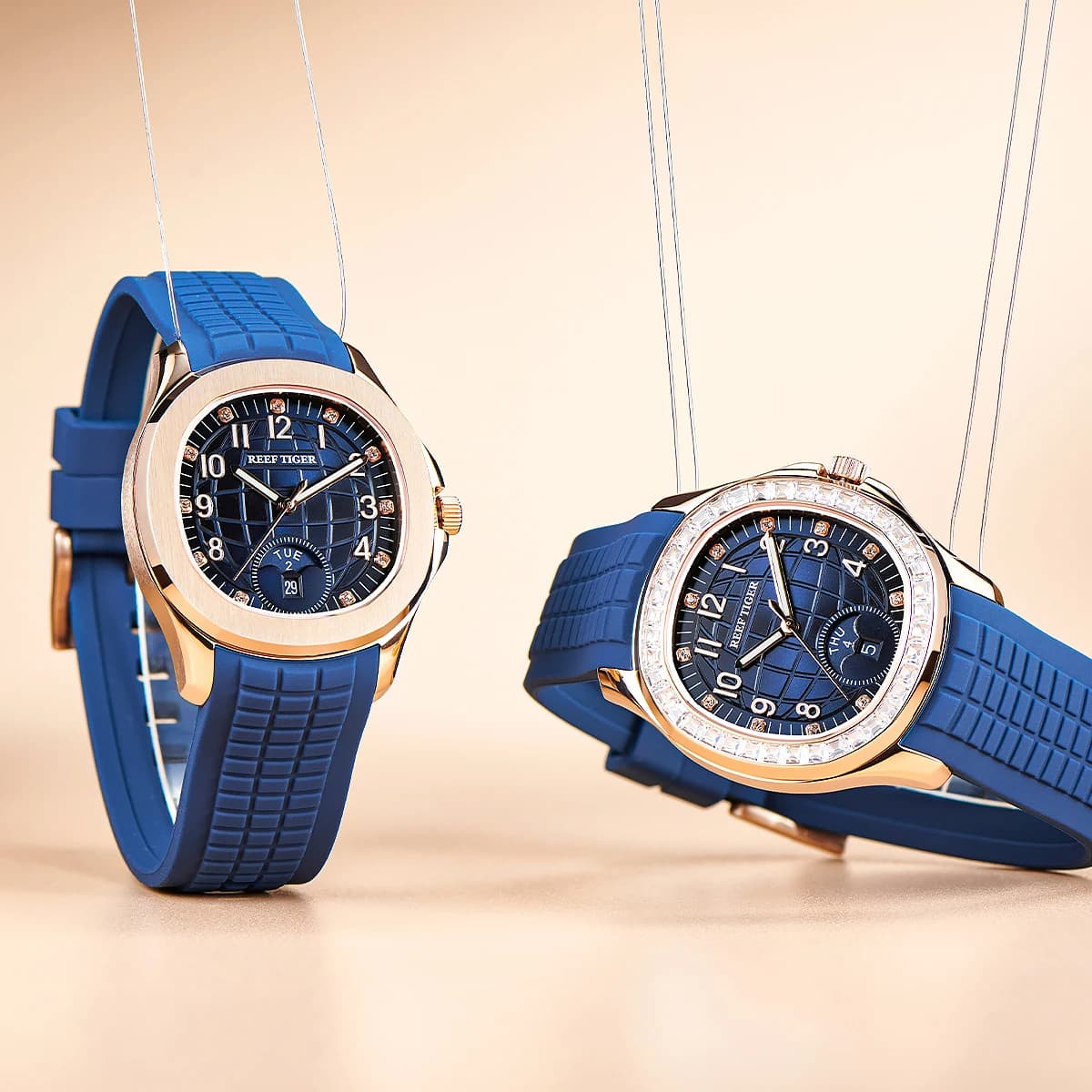 Reef Tiger Golf oro rosa diamanti meccanico automatico orologio da uomo multifunzione blu elastico impermeabile orologio sportivo RGA1805