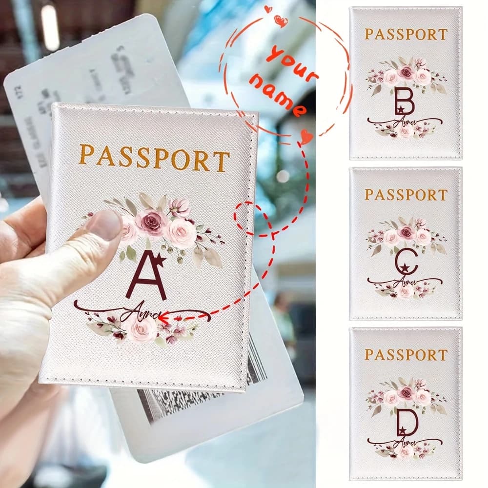 Custom Name Floral 26 Letter PU Leather Slim Passport Holder Card Wallet Travel Document Organizer
