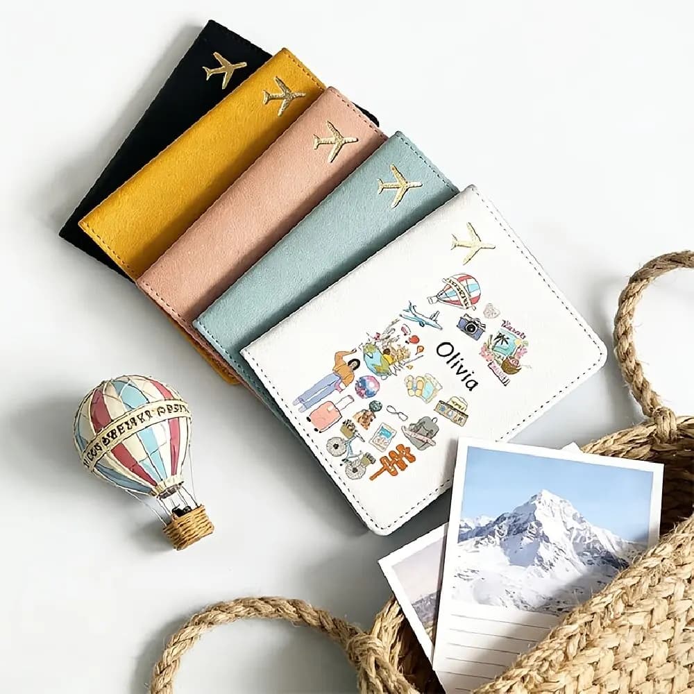 Custom Cartoon Pattern Name Passport Holder Flip Open Travel Essential Multicolor Card Case Valentine's Day Gift