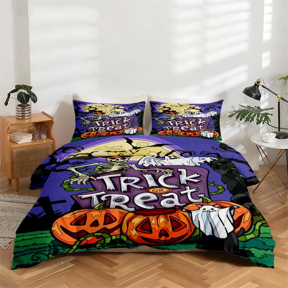 High-Definition Digital Printed Bedding Set, Duvet Cover Set with Pumpkin, Bat, and Haunted House Patterns, Large Printed Pattern Duvet Cover Set, Includes 1 Duvet Cover + 2 Pillowcases, Suitable for Bedroom, Guest Room, Home Decoration, Polyester Fiber Duvet Cover + Pillowcase Three-Piece Set, Ultra-Soft Bedding, Thick Fabric, Suitable for All Seasons, Machine Washable, 3 Pieces