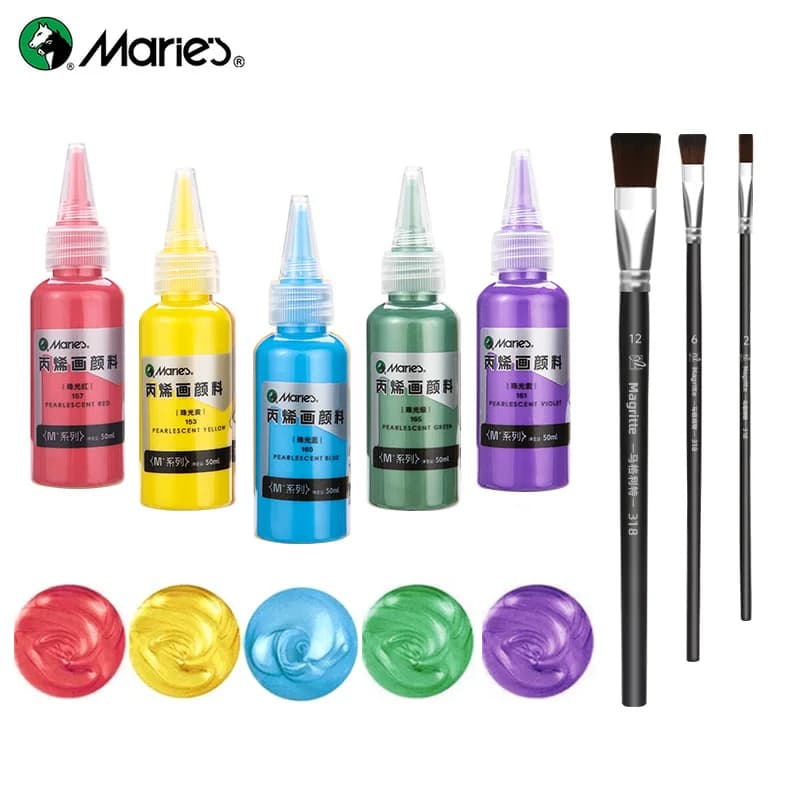 Marie's 8pcs Metallic Acrylic Pigment Set,5 Colors 50ml/1.69oz with 3pcs Brushes,Pearlescent Acrylic for DIY,Model