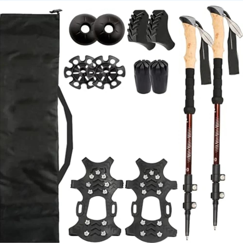 Trekking poles in aluminium alloy 2 pieces with ice pockets at 11 points adjustable anti-shock excursions, for ice walks on the snow for all terrain