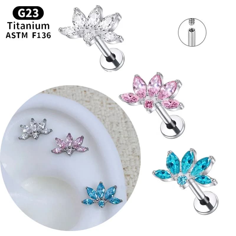 NORYAN Orecchino per Cartilagine in Titanio ASTM F136, a forma di Loto Marquise, con Fiore CZ, 16G, con Base Piatta, per Helix, Labret G23 e Piercing al Naso
