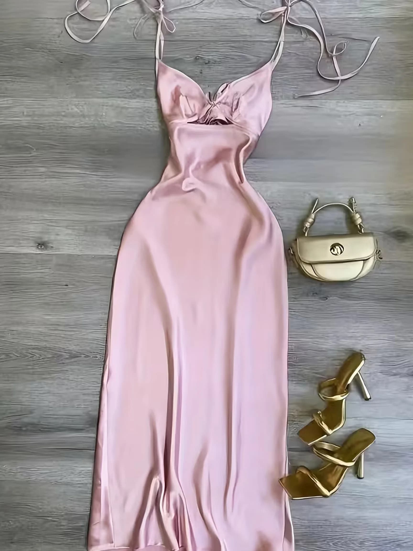 Abito da donna in raso tinta unita con spalline sottili, design super dolce con laccetti, elegante e accattivante, abito midi casual sexy