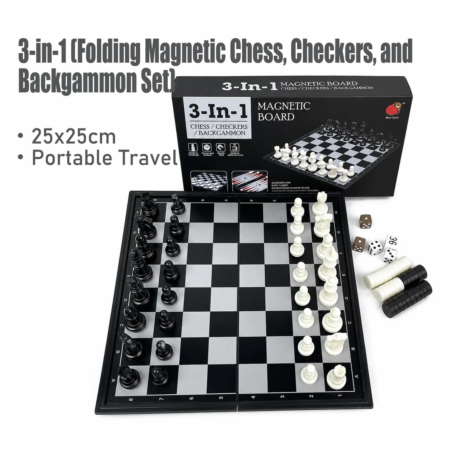 25x25cm 3 in 1 Folding Magnetic Chess Checkers Backgammon Set Board Game Portable Travel Educational Puzzle Toy Gift
