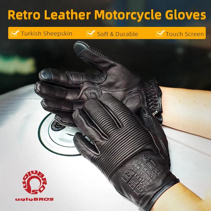 UGLYBROS Guanti da moto in pelle vintage Touch screen a dito intero Uomo Donna per moto Equitazione Motocross Moto Racing Biker
