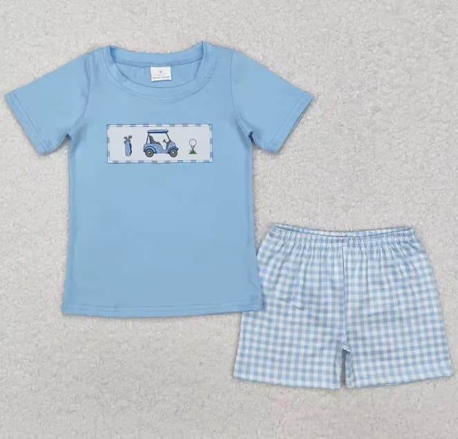 Completi per bambini da bambino T-shirt da golf blu estiva Pantaloncini a righe Bambini fratelli Abiti estivi