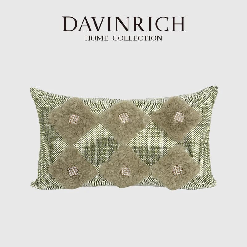 DAVINRICH Federa per cuscino lombare con perline Kenitra fatta a mano di lusso Muschio Verde oliva Diamante Geometria Patchwork Fodera per cuscino 30x50 cm