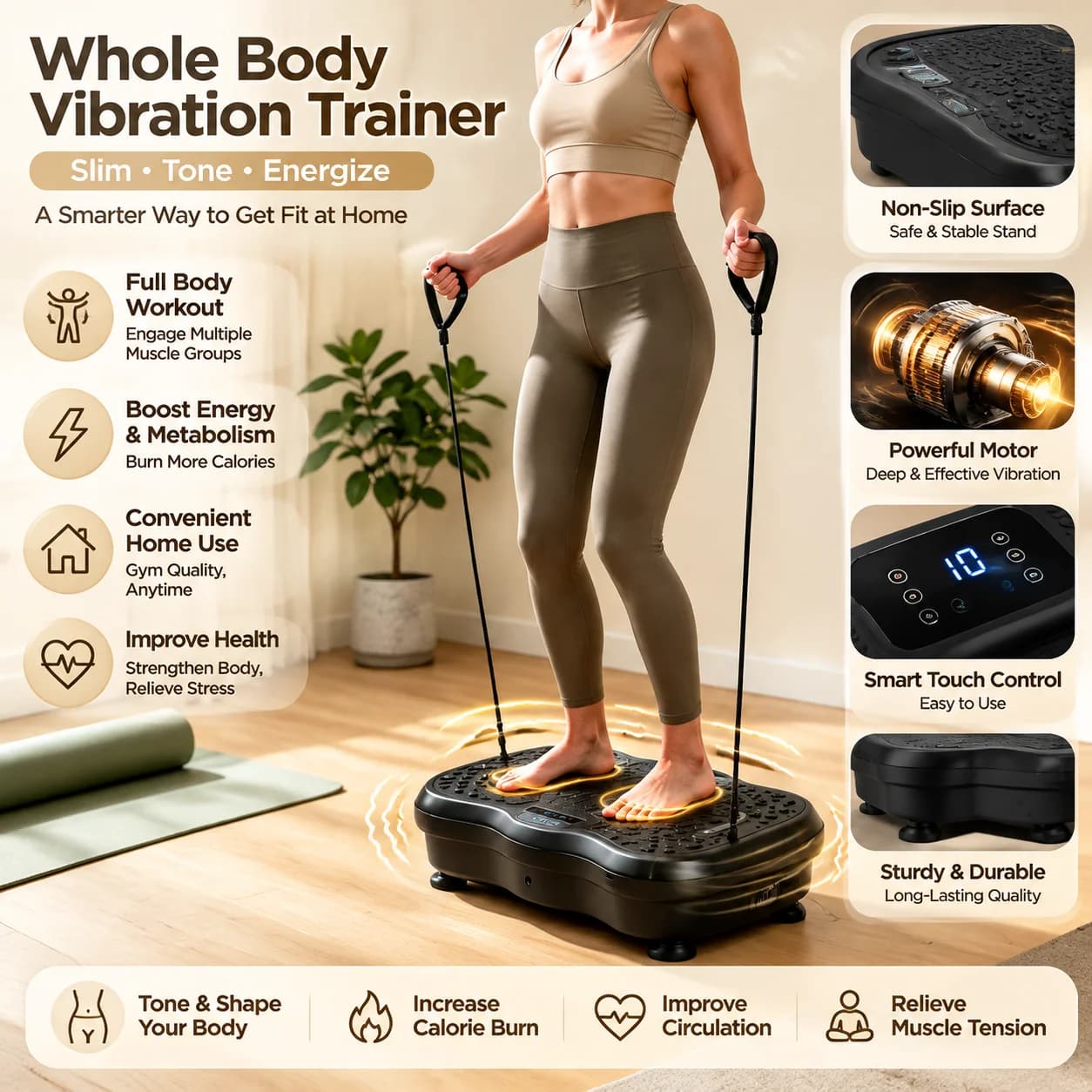 Home Fitness Vibration Platform Machine, Whole Body Shaking Vibration Plate with LCD Screen, Resistance Bands & Remote Control for Weight Loss Muscle Relaxation