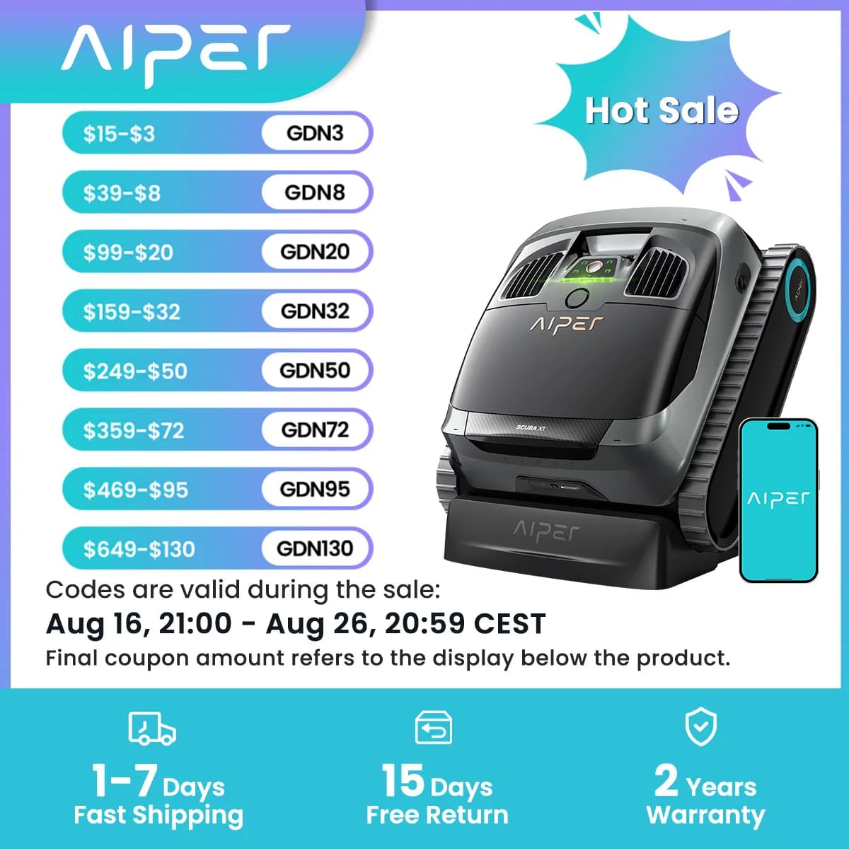 Refurbished AIPER Scuba X1 Cordless Pool Robot with Powerful Suction, Double Filtration and Wireless Charging Dock, Floor/Wall/Waterline Cleaning, 185 Mins Runtime for Above & In-Ground Pools