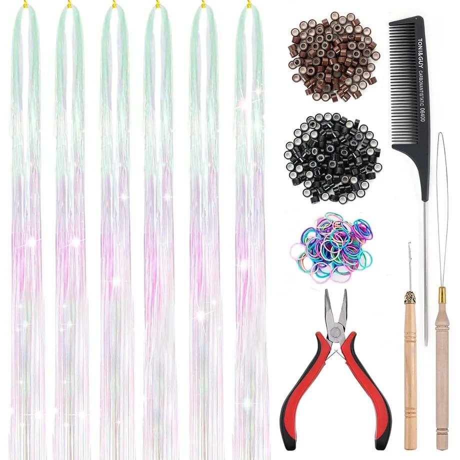 Kit per trecce luminose: pinze in silicone/micro anelli/pettine a coda di topo/uncinetto/glitter, strumenti e accessori per extension per capelli