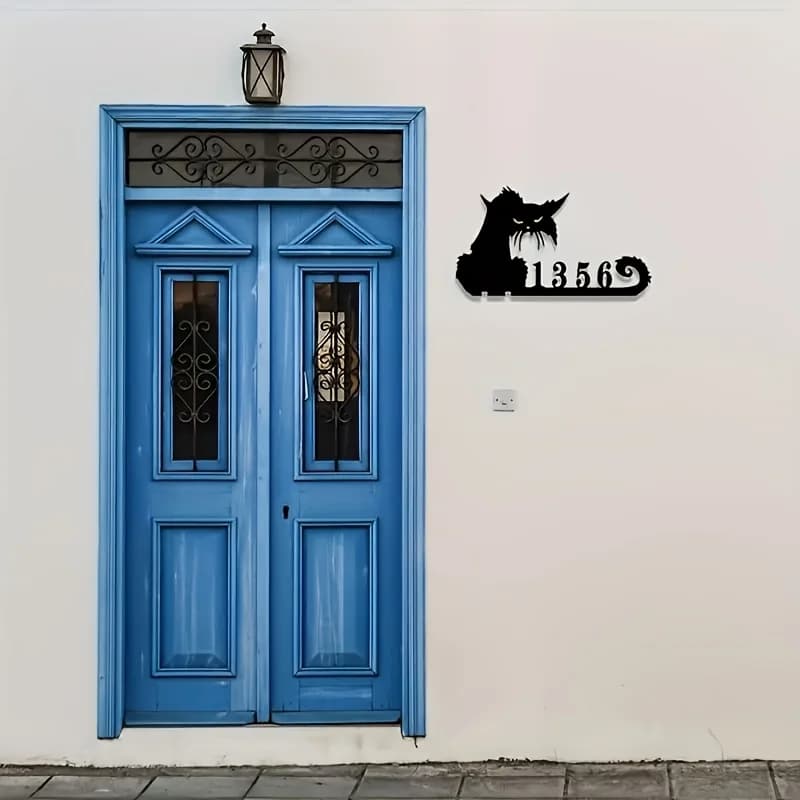 Targa di Benvenuto in Metallo Personalizzabile per Gatti - Targa Numerica Personalizzata con Silhouette, Arte Esterna Resistente per Portico, Fattoria