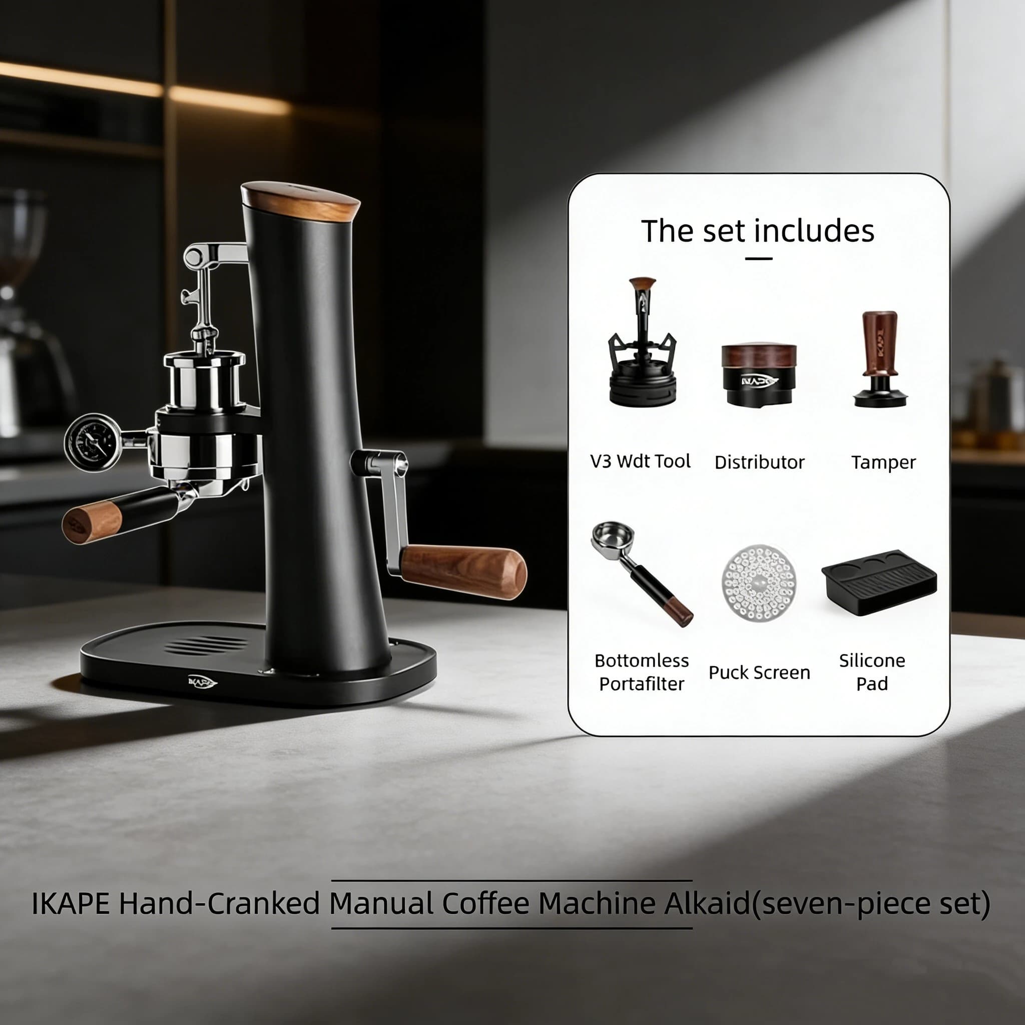 Hand crank manual coffee machine IKAPE Alkaid, 58 mm E61 bottomless portable espresso machine, without power supply