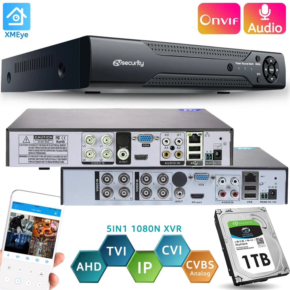 4ch 8ch Video surveillance DVR Onvif H.264 AHD/TVI/CVI/CVBS/IPC 5-in-1 Hybrid Audio CCTV Video Recorder Digital NVR for IP Camera 1080p