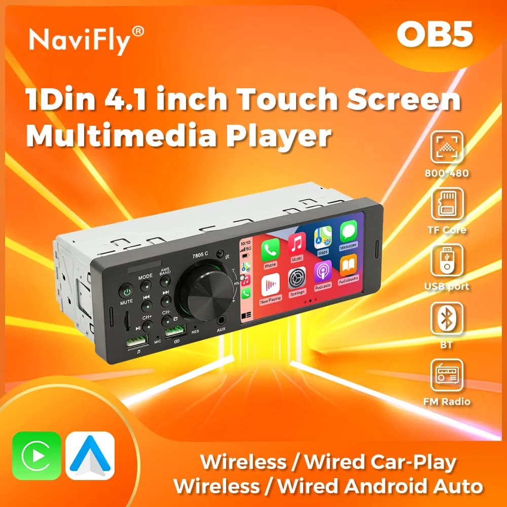 NaviFly 1Din Autoradio universale da 4,1 pollici MP5 Wireless Carplay Android AUTO Touch Screen Lettore video multimediale USB SWC BT