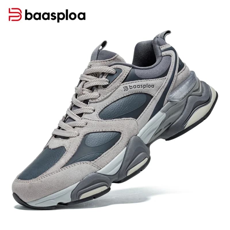 Baasploa Men Casual Sneakers Leather Upper Chunky Walking Shoes Fashion Sport Cushioning Non Slip Durable Comfort Trainers