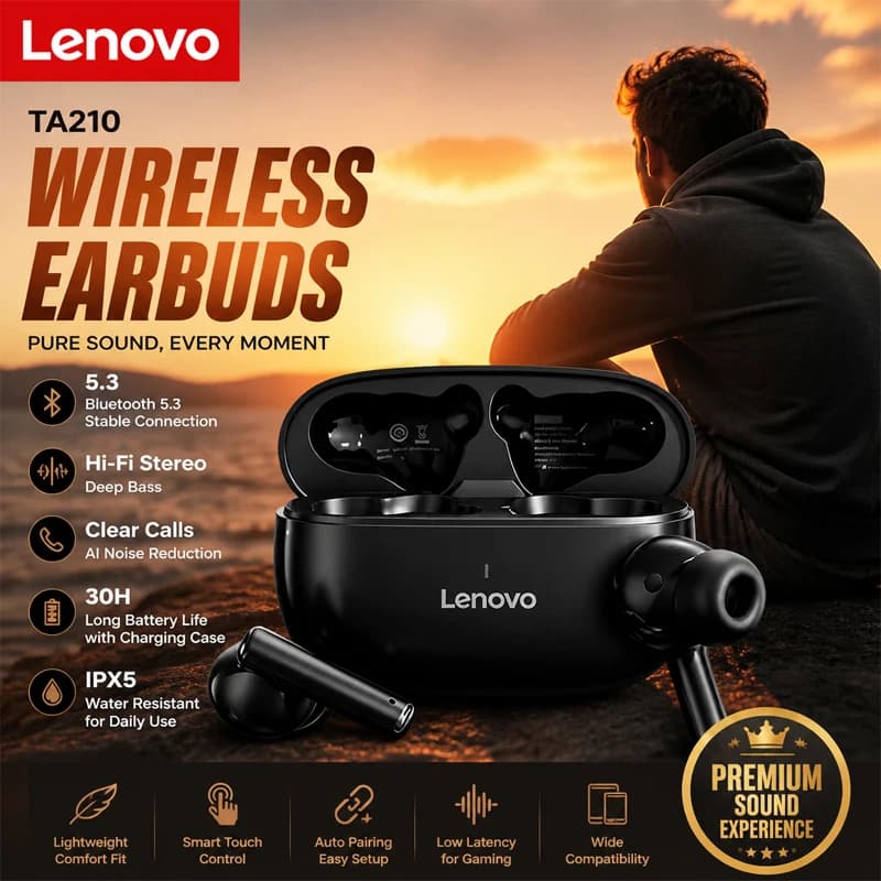 Lenovo TA210 Wireless Bluetooth 5.4 Earphones TWS HiFi Sound Headphones Earbuds Gaming Sports Headset Touch Control With Mic