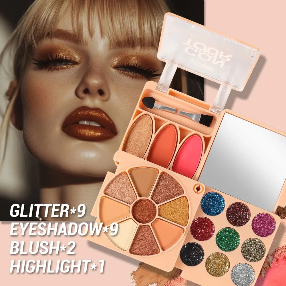 Multifunctional All In One Makeup Palette, 9 Glitter Eyeshadow +9 Matte Eyeshadow +2 Blush +1 Highlight Powder, Portable Face Eye Cosmetic Kit With Mirror & Makeup Brush