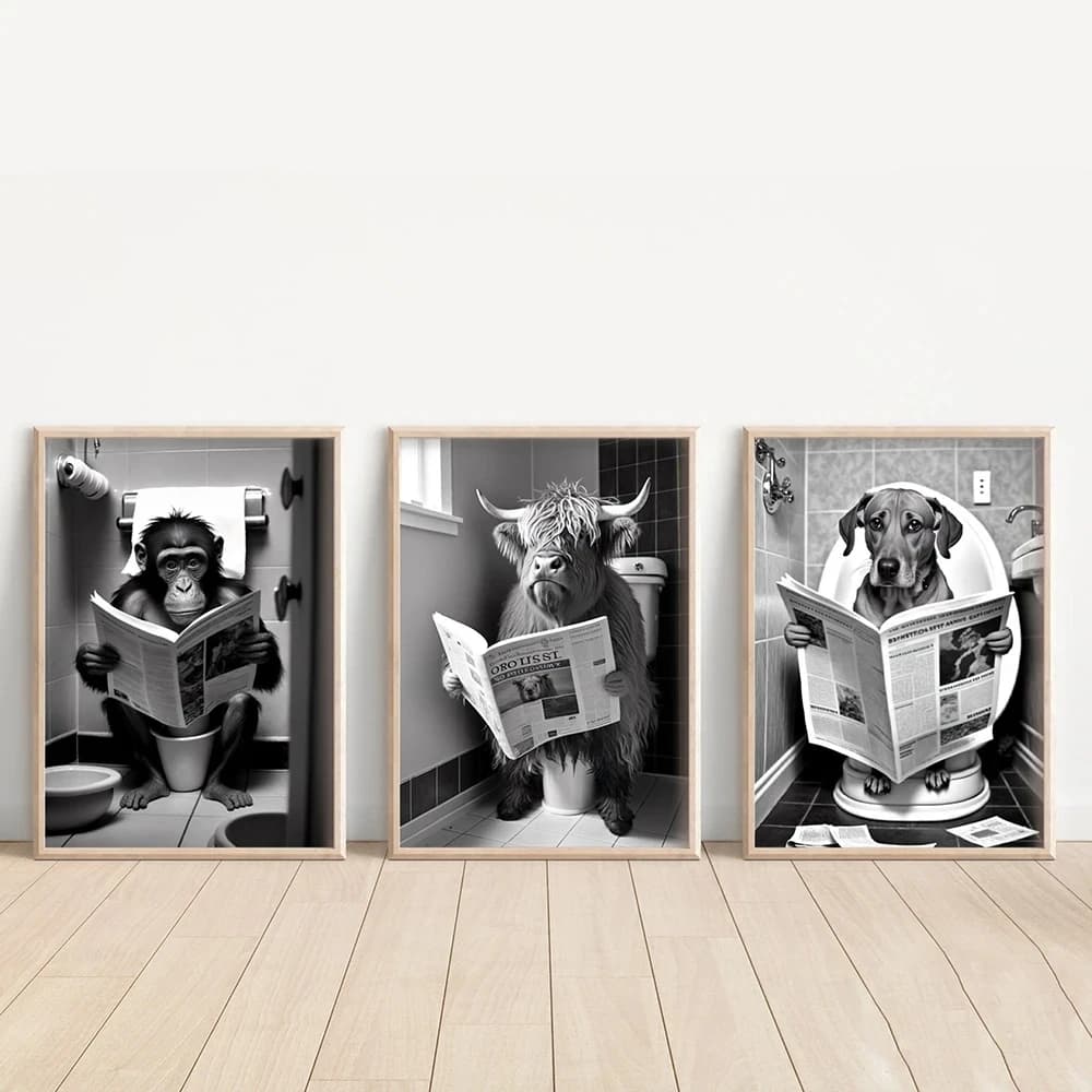 Animali divertenti seduti sulla toilette Lettura di giornali Stampe Decorazioni da parete per il bagno Immagini Scimmia Cane Mucca WC Poster da parete