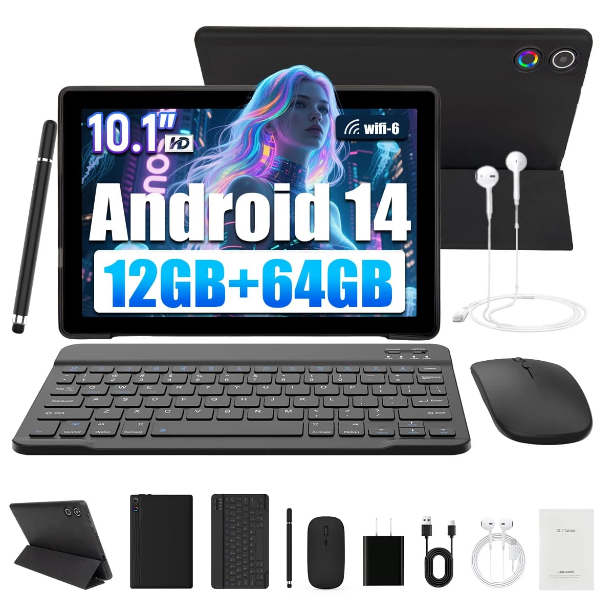 Tablet Android 14 da 10,1 pollici 12 GB RAM 64 GB ROM Face Sblock Schermo IPS HD con custodia protettiva Stilo Tastiera Mouse Cuffie