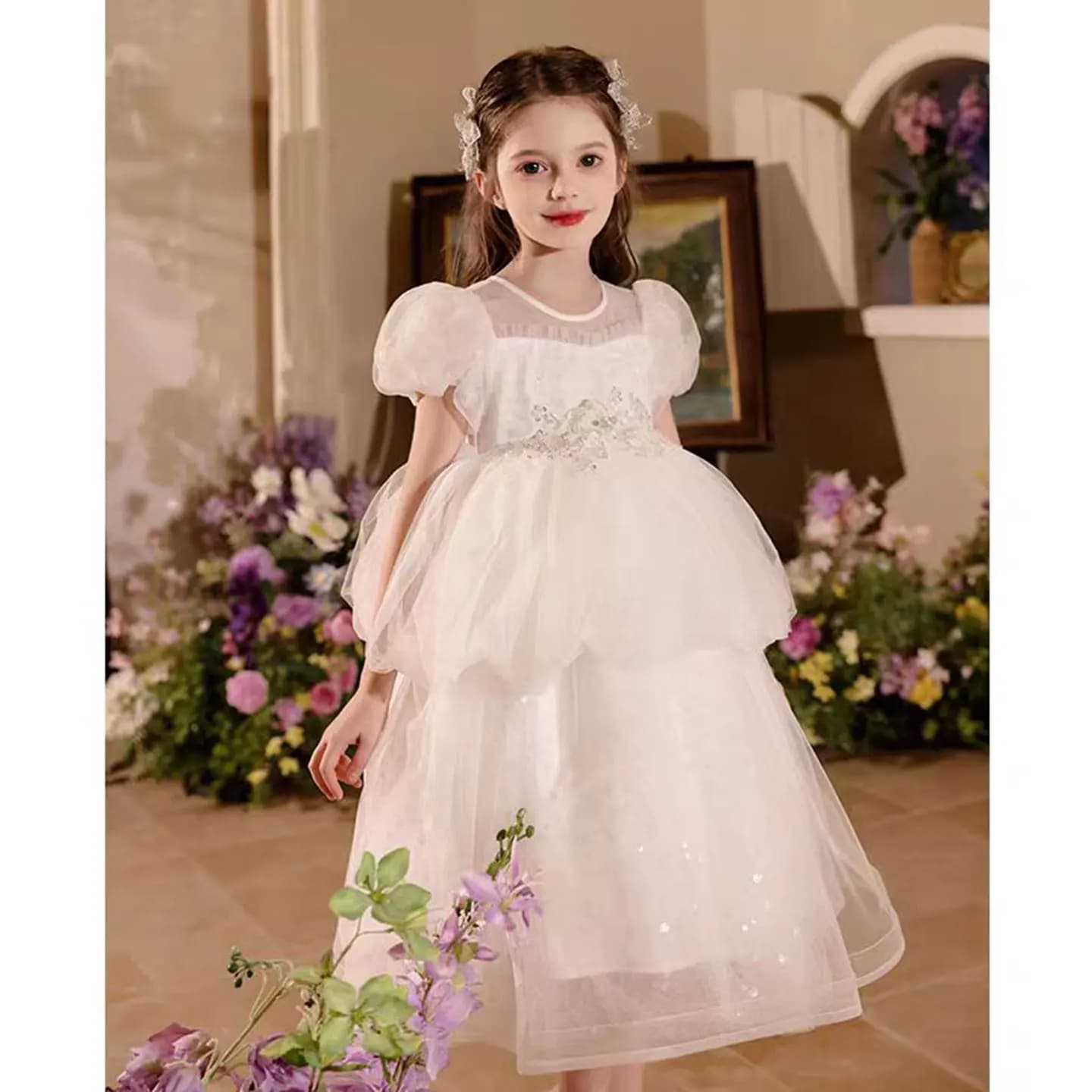 Dreamy Vow J522 Lovely O-Neck Sequined Tiered Tulle Baby Girl Princess Dress White Wedding Birthday Party First Communion Gown