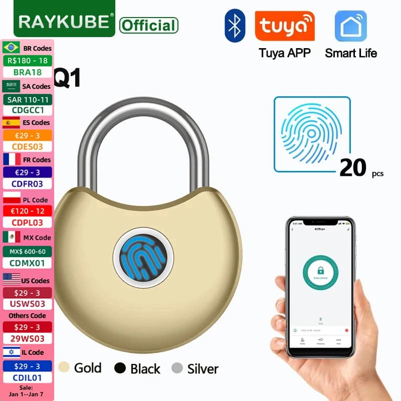 RAYKUBE PQ1 Lucchetto intelligente per impronte digitali IP65 Impermeabile Tuya BLE Sblocco remoto Ricarica USB Sblocco Serratura antifurto per porta dell'armadio