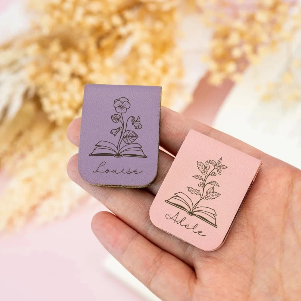 Custom PU Leather Magnetic Bookmark Laser Engraved Name Birth Flower Page Holder Birthday Gift for Book Lovers