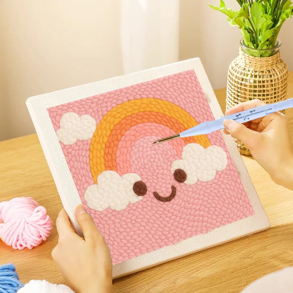 Rainbow Dreams Punch Needle Kit Diy Craft Set Square Punch Needle Embroidery Frame for Wall Decor Art Sewing Perfect Gift