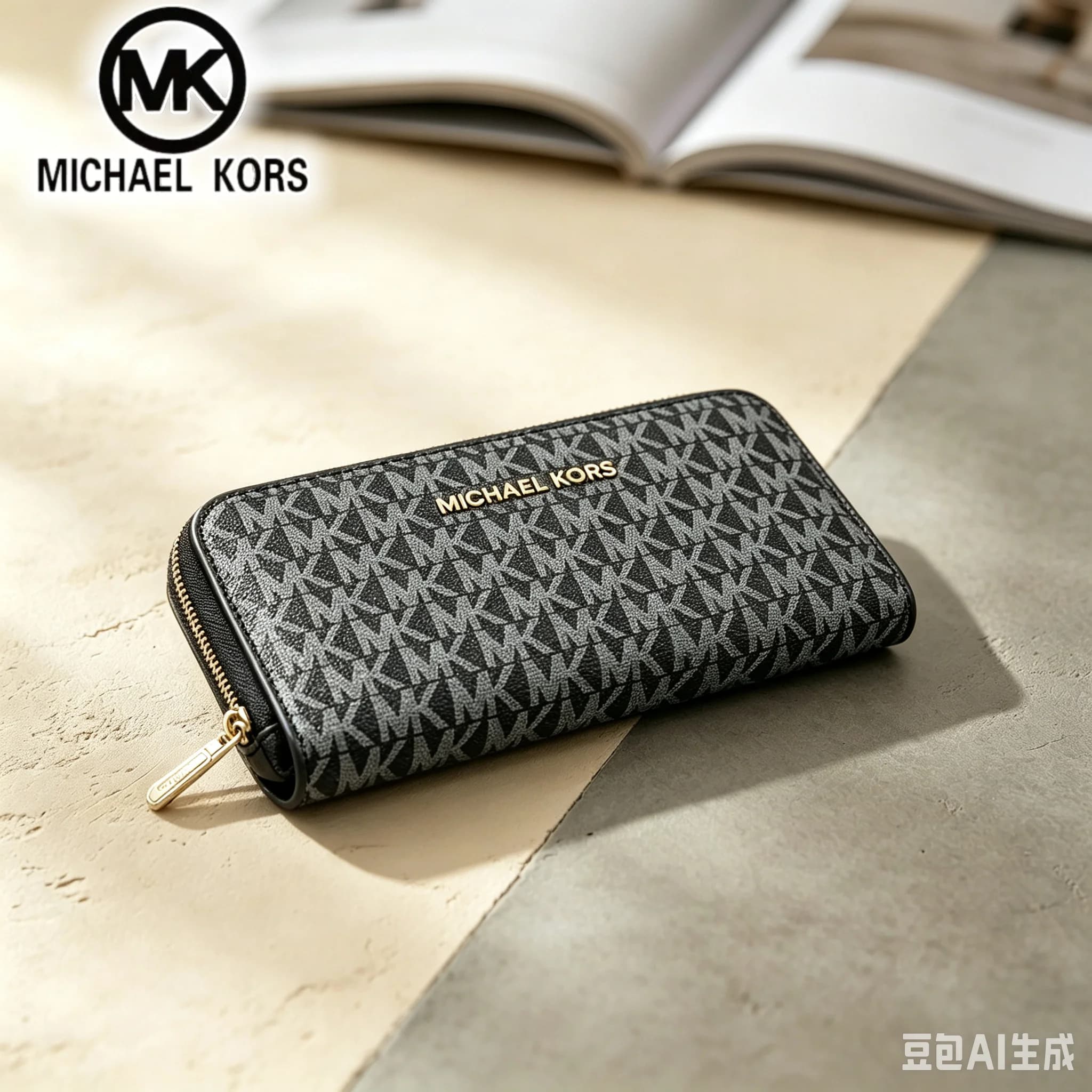 MICHAEL KORS Women's Casual Fashion Long Zipper Wallet MK Classic Letter Flower Wallet Multi functional Wallet Card Bag