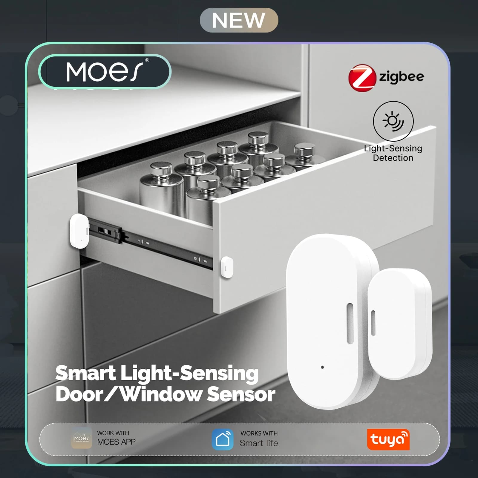 MOES Zigbee Sensore intelligente per porte e finestre con rilevamento della luce, allarme a contatto magnetico wireless, avviso APP con apertura e chiusura per la sicurezza domestica