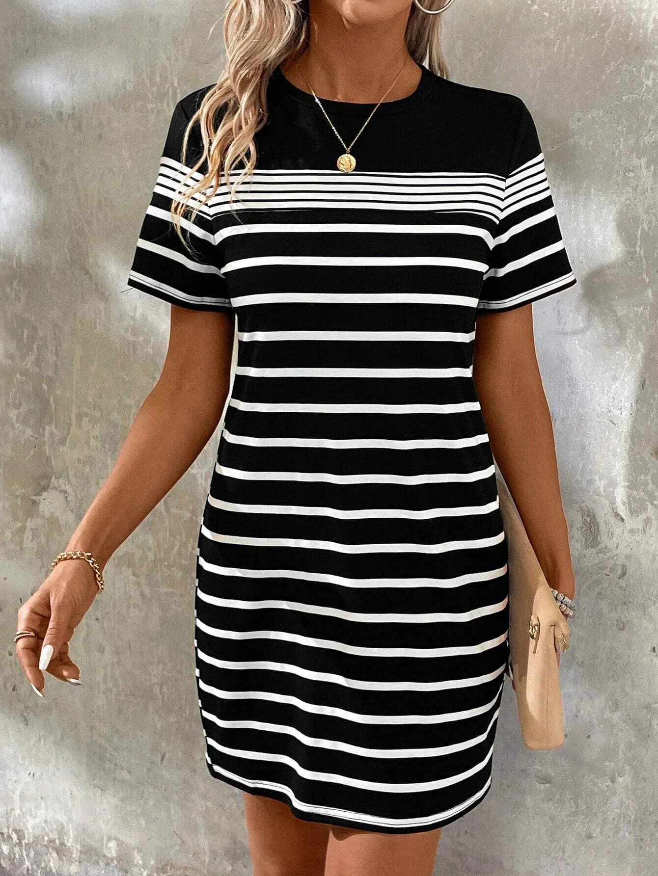 Stripe Pattern Printed Women T-shirt Dress Summer Fashion High Quality Casual Sport Loose Short Sleeve Round Neck Pullover Dress