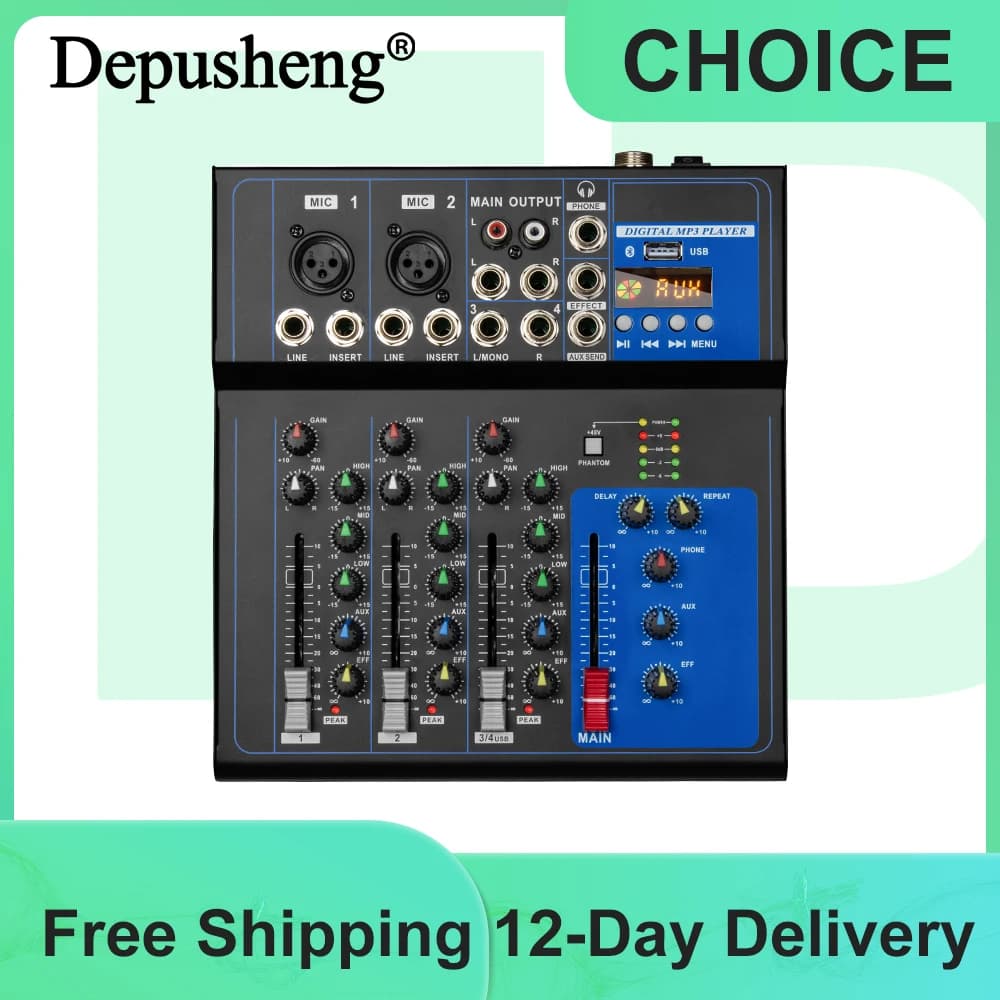 Mixer audio professionale Depusheng FD4 con console di missaggio DJ portatile a 4 canali con interfaccia USB per prestazioni