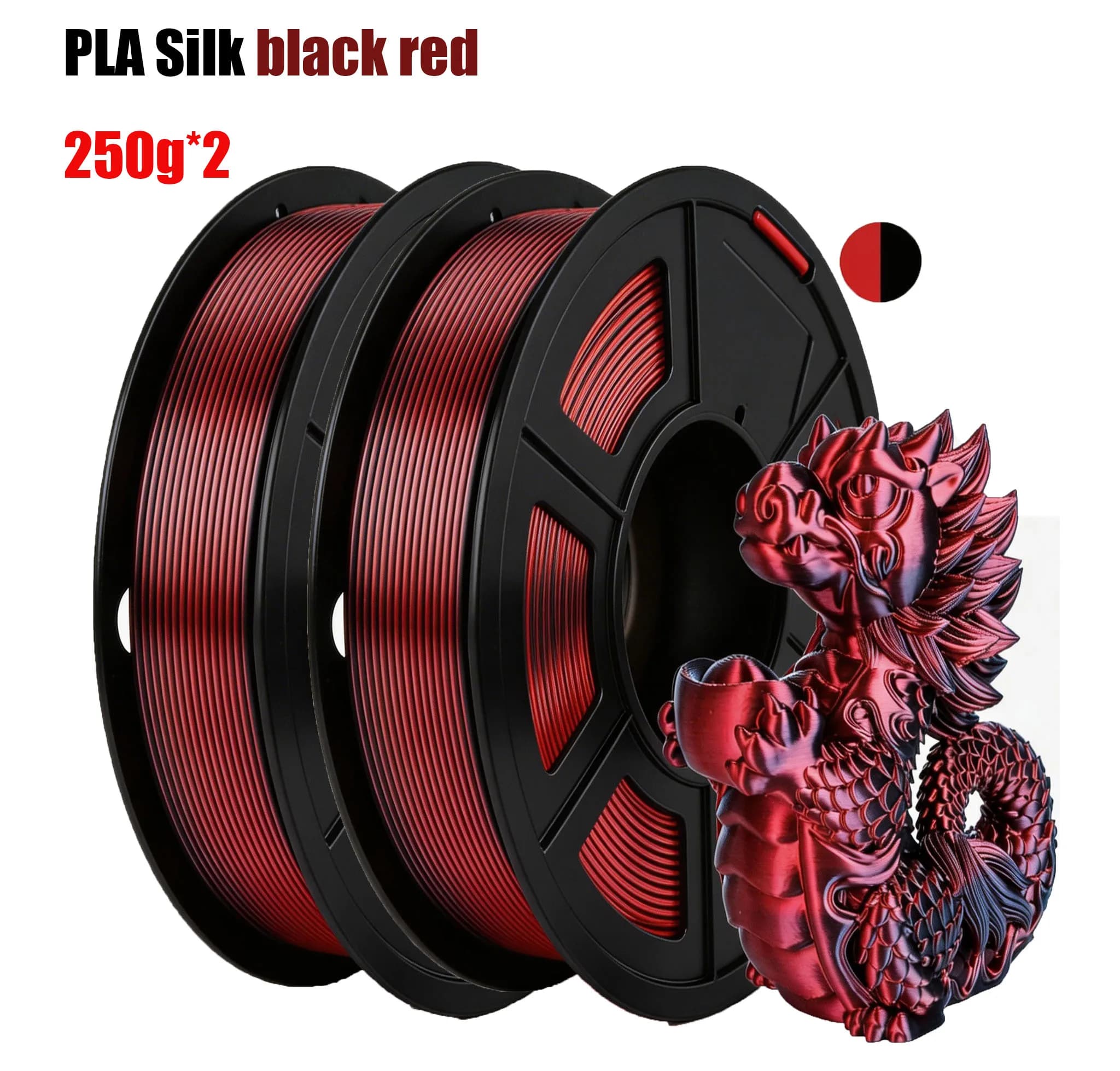 Filamento PLA Bicolore Nero Rosso 1.75mm, Filamento PLA Coestruso Lucido, Cambio Colore, 500g