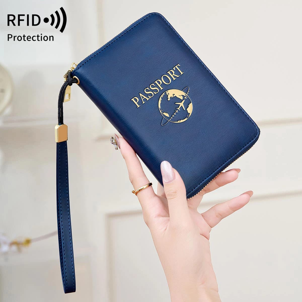 Porta passaporto con blocco RFID, portafoglio da viaggio, passaporto, borsa per carte di credito, portafoglio multifunzionale con cerniera con cinturino da polso, moda
