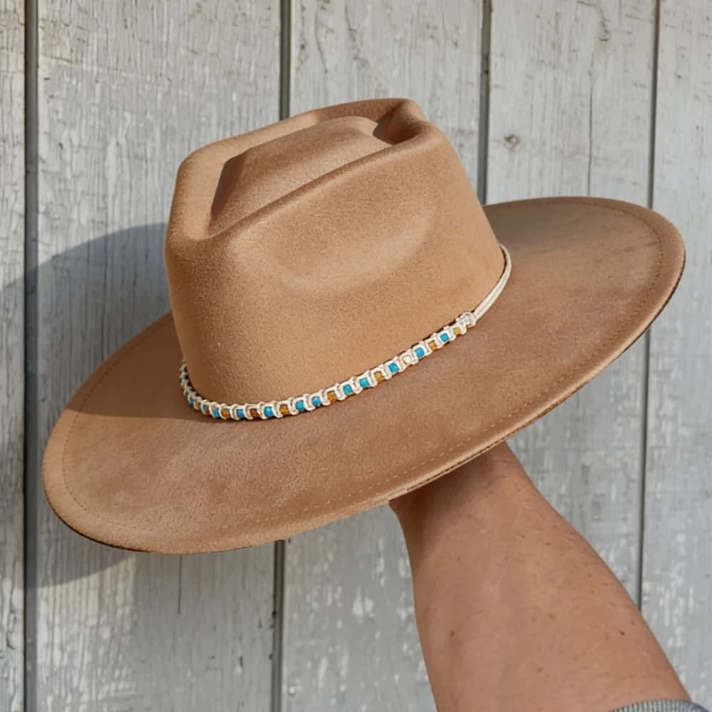 Cappello Fedora in camoscio turchese personalizzato con corona a freccia, da donna, con tesa larga 9,5 cm, all'ingrosso, cappello Panama unisex, chapeau, sombrero uomo